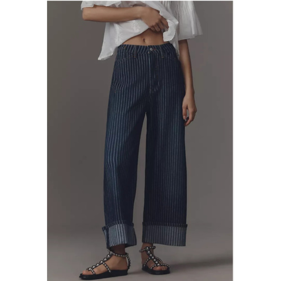 Anthropologie 29P The Kayden Railroad Stripe Barrel Carpenter Jeans by Pilcro C9 - Picture 2 of 10